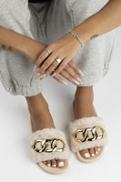 Flip flops with fur gold chain QT300 beige