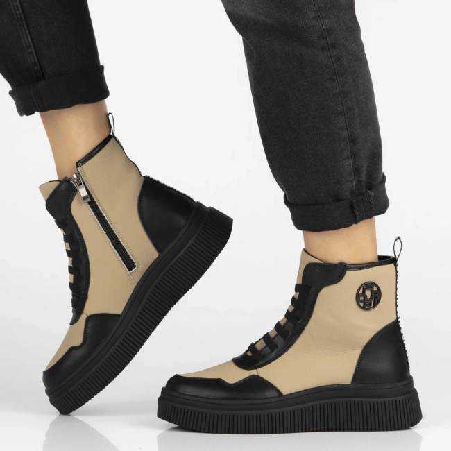 Skórzane botki na platformie Filippo DBT7298/25 BE BK beżowe