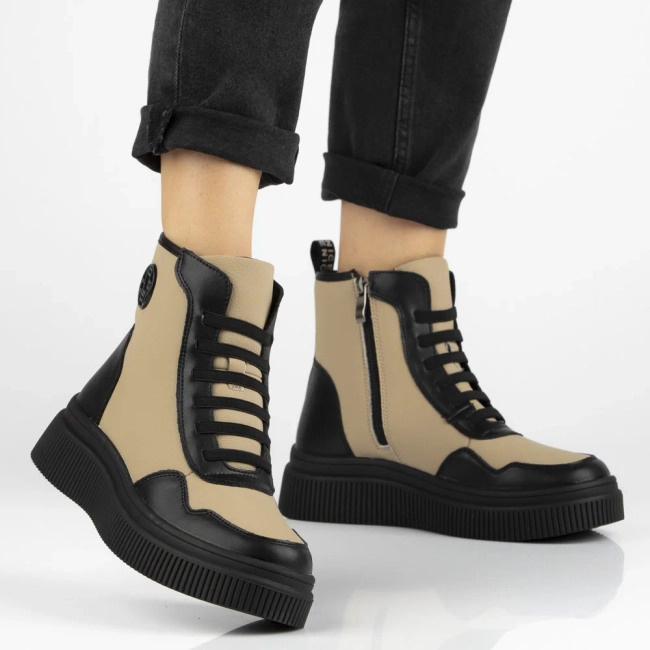 Skórzane botki na platformie Filippo DBT7298/25 BE BK beżowe