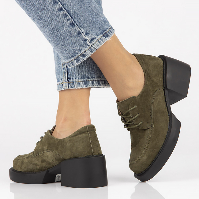 Skórzane półbuty na obcasie Filippo DP4919/23 KH khaki