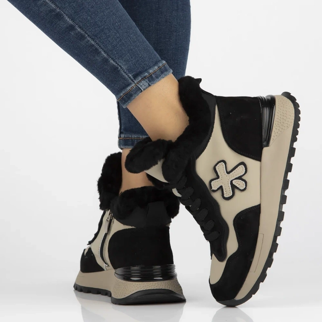 Skórzane trapery na platformie Filippo DBT6522/24 BK GR czarno beżowe