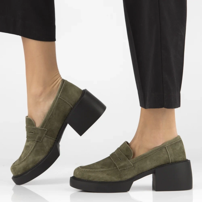 Skórzane półbuty na obcasie Filippo DP4685/23 KH khaki