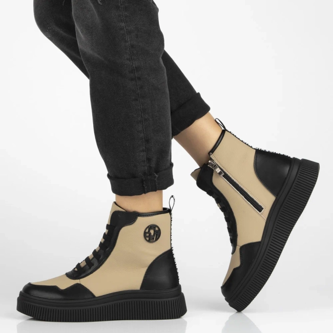 Skórzane botki na platformie Filippo DBT7298/25 BE BK beżowe