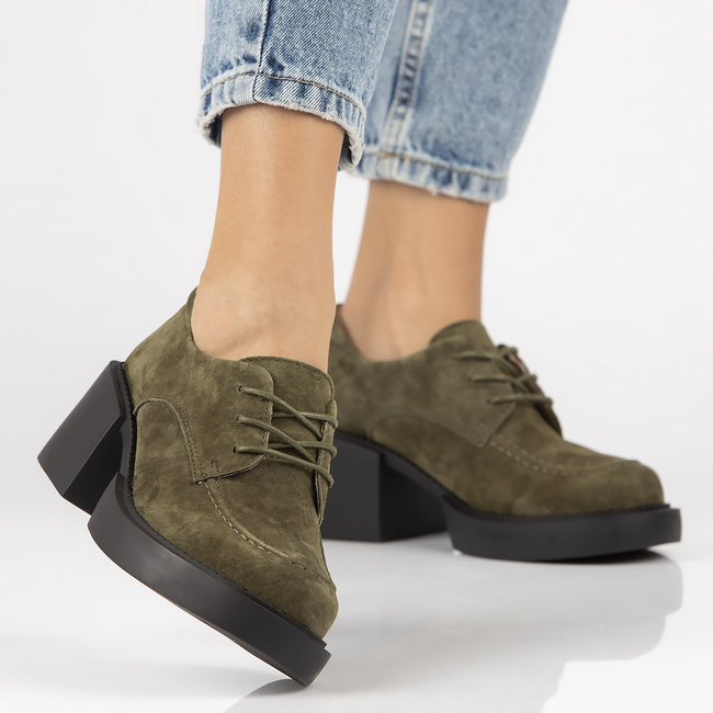 Skórzane półbuty na obcasie Filippo DP4919/23 KH khaki