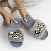 Flip flops with fur gold chain QT300 grey