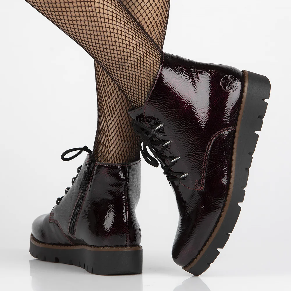 Bottines Rieker Femme Modèle 44902 - Cuir Synthétique Laqué, Laçage, Semelle Légère Antidérapante, Talon 3.1 Cm