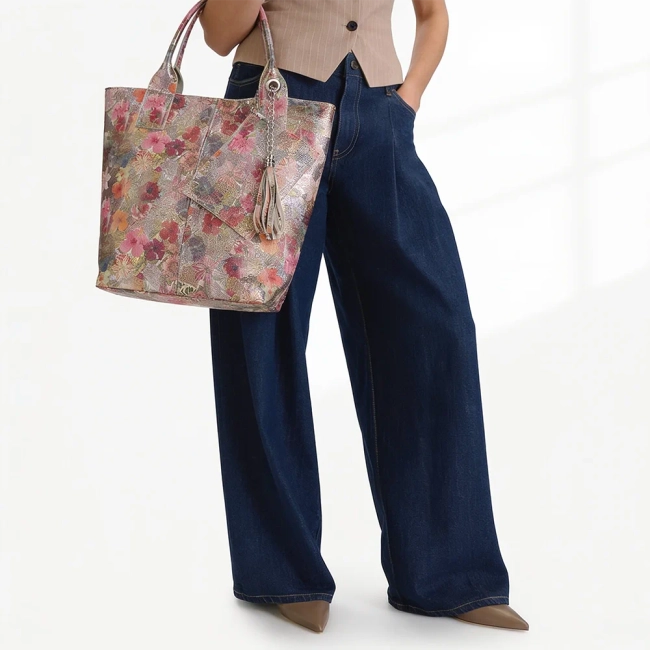 Beige leather handbag Toscanio 1101 flowers