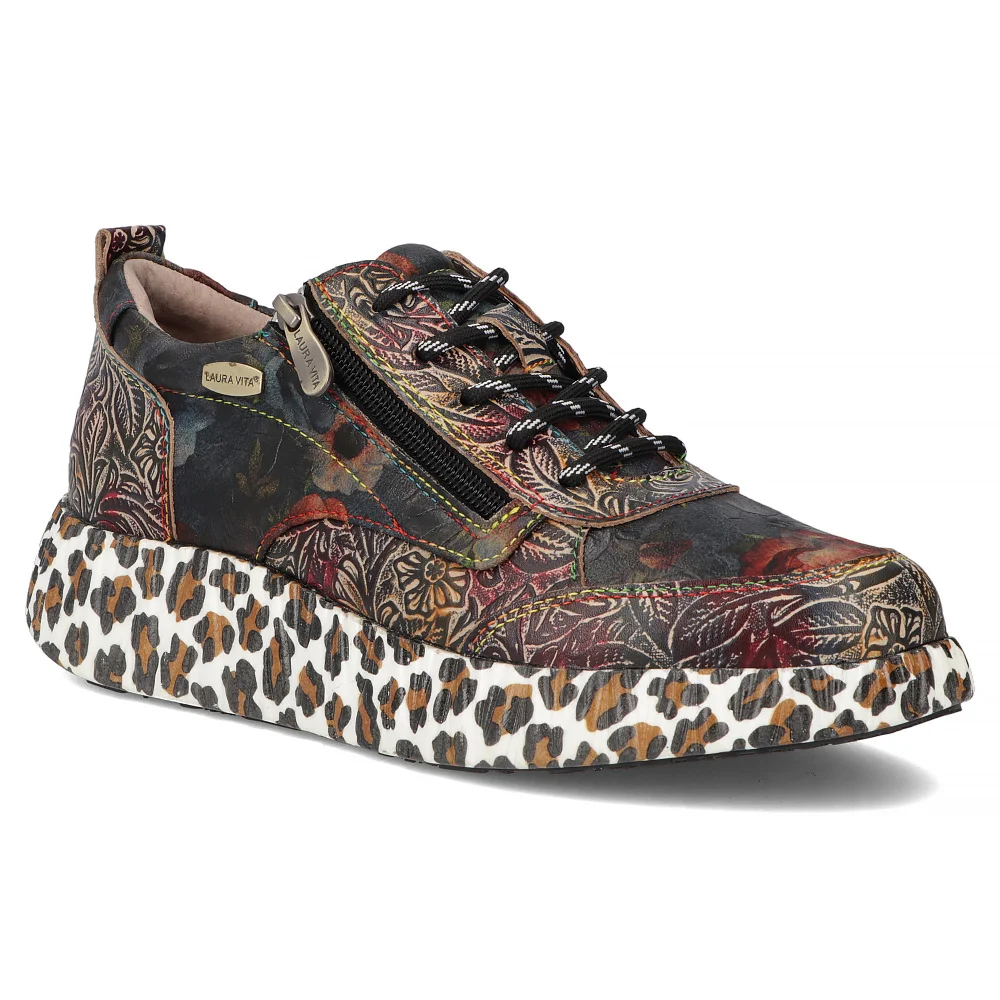 Baskets Laura Vita Nikito 04 Pour Femmes - Cuir Et Textile, Motif Floral - Semelle Compensée 4,5 Cm - Fermeture Lacets + Zip - Couleurs Variées