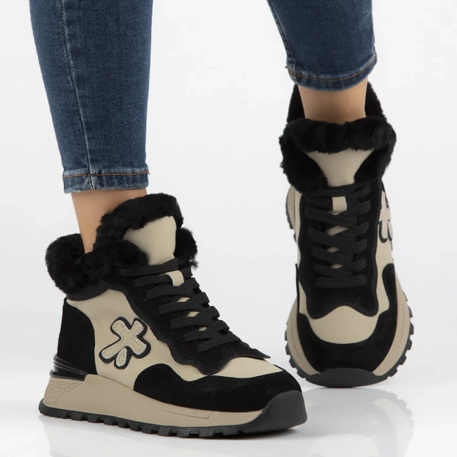 Skórzane trapery na platformie Filippo DBT6522/24 BK GR czarno beżowe